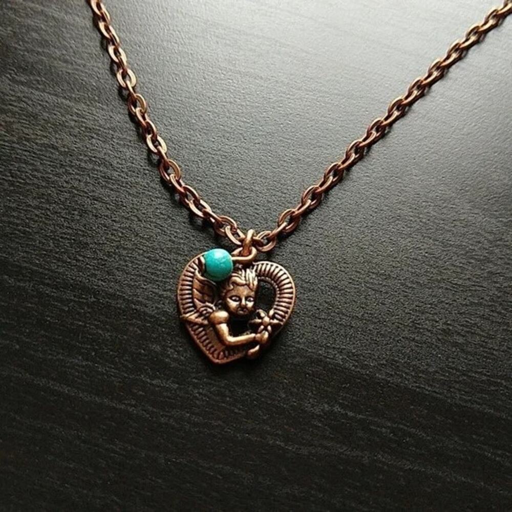 Anklet, brass cherub heart angel fairy turquoise blue bead 12" fashion jewelry